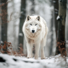 Obraz premium Portrait of a mountain wolf, face view, fog, forest, unusual background.