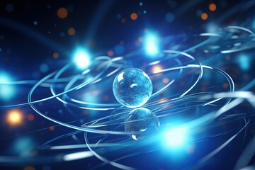 Obraz premium Abstract scientific background, blue neon quantum atom, glass transparent ball rotating in vacuum, electron orbital tracks.
