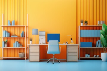 Modern office interior with yellow walls, blue floor, orange computer desk and bookshelf.  Office cubicle or home office, a cute workspace in bright colors for Labour day or Learning at Work Week