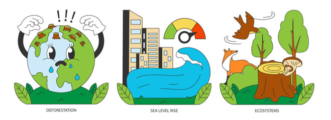 Climate change set. Planet temperature rising and sea level rising due to CO2 emissions. Nature preservation measures. Sustainability goal. Flat vector illustration