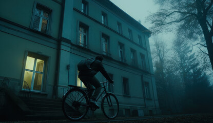 Obraz premium Halloween, man rides a bicycle to a scary house.