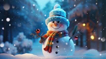 snowman bright christmas morning - obrazy, fototapety, plakaty