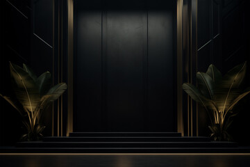 Luxury Art Deco square product display background. Premium black podium showcase with lush leaves and golden glowing lights. Empty space pedestal
