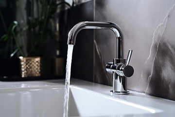 A close-up view of a water-saving faucet installed in a bathroom sink, showcasing an eco-friendly approach to water consumption.