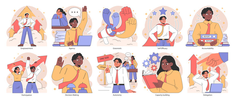 Empowerment set. Confident office employees, inclusive team collaboration. Worker autonomy in decision-making, business capacity building, task delegation. Flat vector illustration.