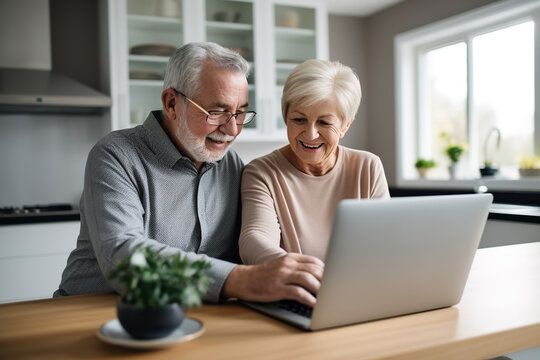 A senior couple intently looks at their retirement account information on a laptop screen, discussing the need to save for their future.