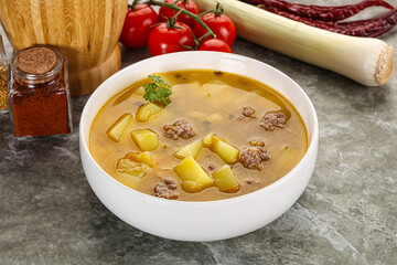 Soup with beef meatball and vegetables