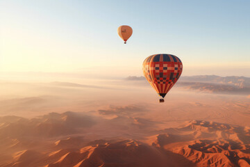 Two colorful air balloons floating over the desert, aerial view.generative ai
