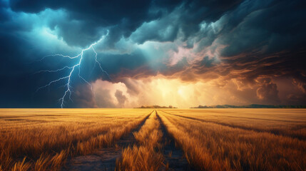 Lightning thunderstorm flash over the sky.Heavy clouds bringing thunder,lightning in dark cloudy sky