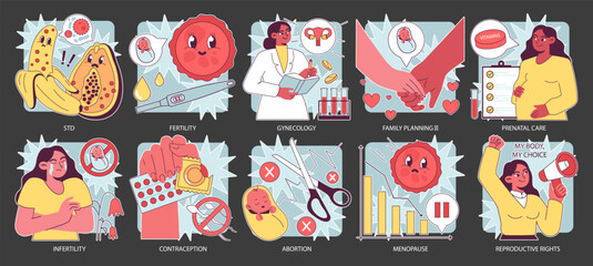 Reproductive health dark or night mode set. Pregnancy monitoring and gynecology disease. Family planning and prenatal care. Female empowerment, abortion and contraception. Flat vector illustration