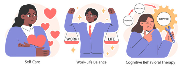 Stress management set. Diverse office characters work burnout. Employee work-life balance, relaxation techniques and self-care. Emotional intelligence and mindfulness. Flat vector illustration.