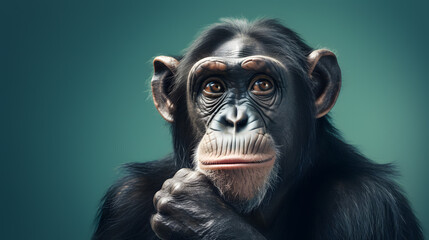 intensely thinking monkey chimpanzee with hand on chin
