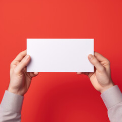 Hand hold a discount card, business card, mockup of a blank white sheet of paper on a red background with copy space. Template for design. layout. copy space for text