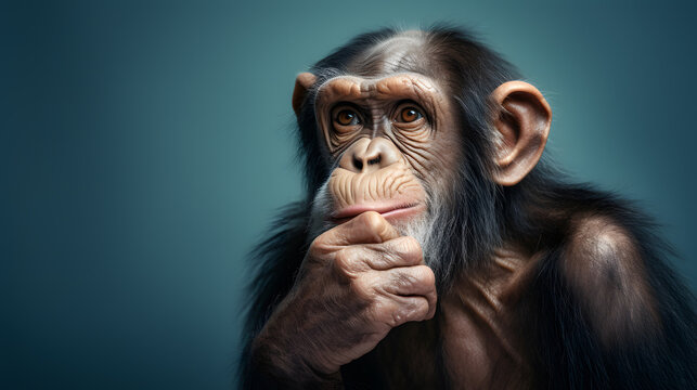 intensely thinking monkey chimpanzee with hand on chin