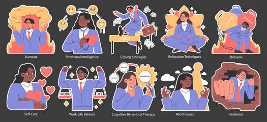 Stress management night or dark mode set. Diverse office characters burnout. Employee work-life balance, relaxation techniques and self-care. EQ and mindfulness. Flat vector illustration.