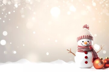 Fototapeta premium Chrismas decorations on a white snow. Cute Snowman with a snowflakes, chrismas balls and gifts on a blurred background with snowflakes.