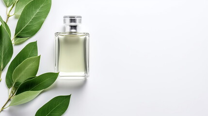 Glass perfume bottle with pastel green essence isolated on white background with green tea leaves. Stylish cosmetic mockup, copy space.