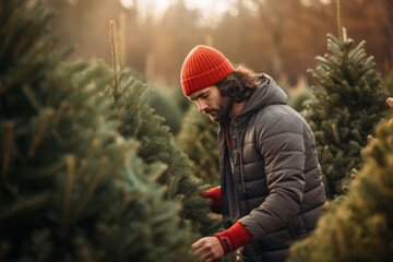 Young man wearing a winter jacket and a red hat choosing a real Christmas tree for the holidays in the street. Reason for purchasing a live Christmas tree.generative ai - obrazy, fototapety, plakaty