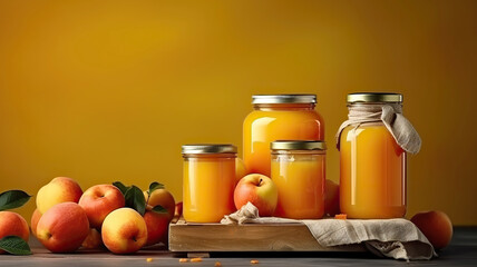 Homemade delicious canned apple compote with juice in glass jar. Appetizing peach jam in jars on a dark background. Home preservation.
