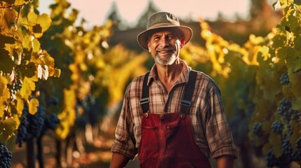 Portrait of happy male senior farmer in garden harvest.
