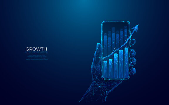 Abstract graph chart on a mobile phone screen in a hand. Stock market concept in futuristic light blue hologram style. Low poly wireframe vector illustration on technology blue background. 