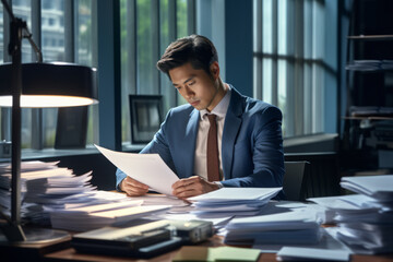 Young business man of asian beauty wearing classic outfit swamped with paperwork and looking through documents in the office at work.generative ai
 - obrazy, fototapety, plakaty