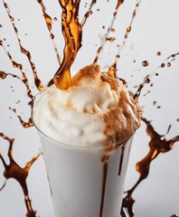 cold brew latte on white marble background, coffee splash, drops and explosion

