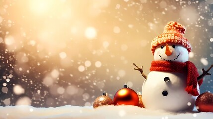 Fototapeta premium Chrismas decorations on a white snow. Cute Snowman with a snowflakes, chrismas balls and gifts on a blurred background with snowflakes.