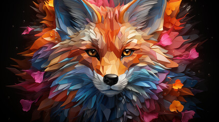 Multicolor geometric illustration of a fox. Colourful poly graphic on black background.