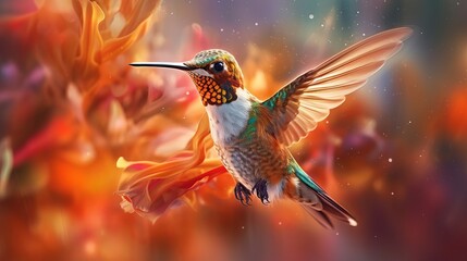 Fototapeta premium Blurred motion of a hummingbird hovering over a flow AI generated illustration