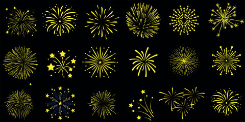 Fireworks vector illustration, perfect for New Year, Christmas, Diwali, Fourth of July celebrations. High-quality, set of 18 premium designs, ideal for festive banners, posters, flyers, social media
