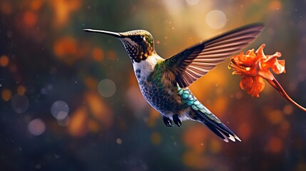 Obraz premium Blurred motion of a hummingbird hovering over a flow AI generated illustration