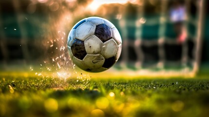 Blurred motion of a soccer ball being kicked into th  AI generated illustration - obrazy, fototapety, plakaty