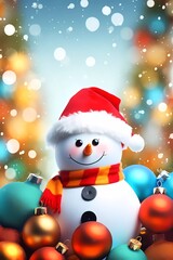 Chrismas decorations on a white snow. Cute Snowman with a snowflakes, chrismas balls and gifts on a blurred background with snowflakes.