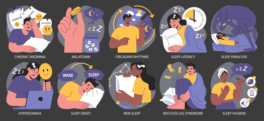 Insomnia dark or night mode set. Diverse characters suffering from sleep deprivation. Sleep and mental disorder. Sleep hygiene and stages. Circadian rhythm maintaining. Flat vector illustration. - obrazy, fototapety, plakaty