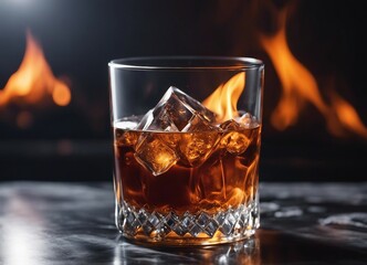glass of Whishey with ice on dark marble background, flame background

