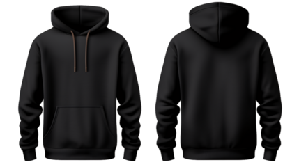 Black front and back view hoodie mockup image isolated on transparent background. No background.