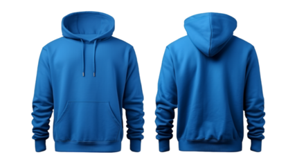 Blue front and back view hoodie mockup image isolated on transparent background. No background.