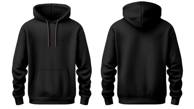 Black front and back view hoodie mockup image isolated on transparent background. No background.