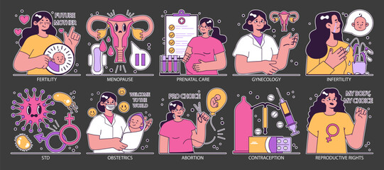 Reproductive health dark or night mode set. Pregnancy monitoring and gynecology disease. Family planning and prenatal care. Female empowerment, abortion and contraception. Flat vector illustration