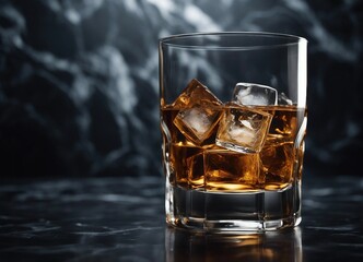 glass of Whishey with ice on dark marble background, flame background

