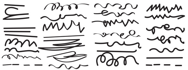 Abstract different types of scribble stripes and bold paint shapes background. Abstract freehand children crayon or marker or pen doodle rouge scratches. Vector illustration.