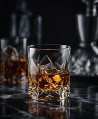 glass of Whiskey with ice on dark marble background
