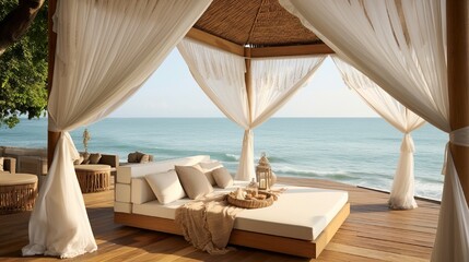 Fototapeta na wymiar A beachside cabana with flowing curtains, a canopy bed, and a panoramic view of the sea, perfect for a romantic getaway.