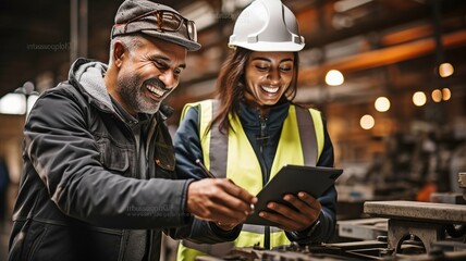 A female architect with a hard hat and a carpenter inside a building site, studying project designs on a tablet computer .