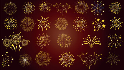 Golden fireworks, firework vector illustration on dark background, Bursting rockets, sparkling sparklers, shining gold, festive party night sky. Pyrotechnics display, jubilee event, firecracker blast - obrazy, fototapety, plakaty
