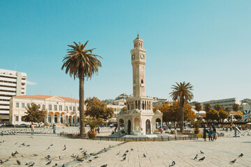 Clock tower at the square of Izmir at sunlight day. Tourism and sightseeing. 30 Sent. 2022. Izmir,...