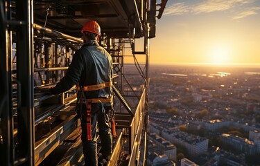 On a building site, a roofer standing on a scaffold is using a remote control to operate a crane. .