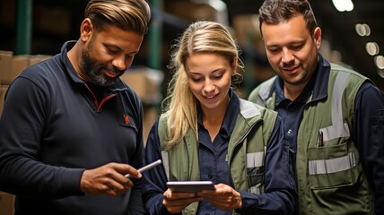 Obraz premium Team in charge of beverage logistics during a deployment briefing while using a tablet PC.