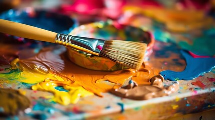 Fototapeta premium A paintbrush with colors mixing on a palette represe AI generated illustration